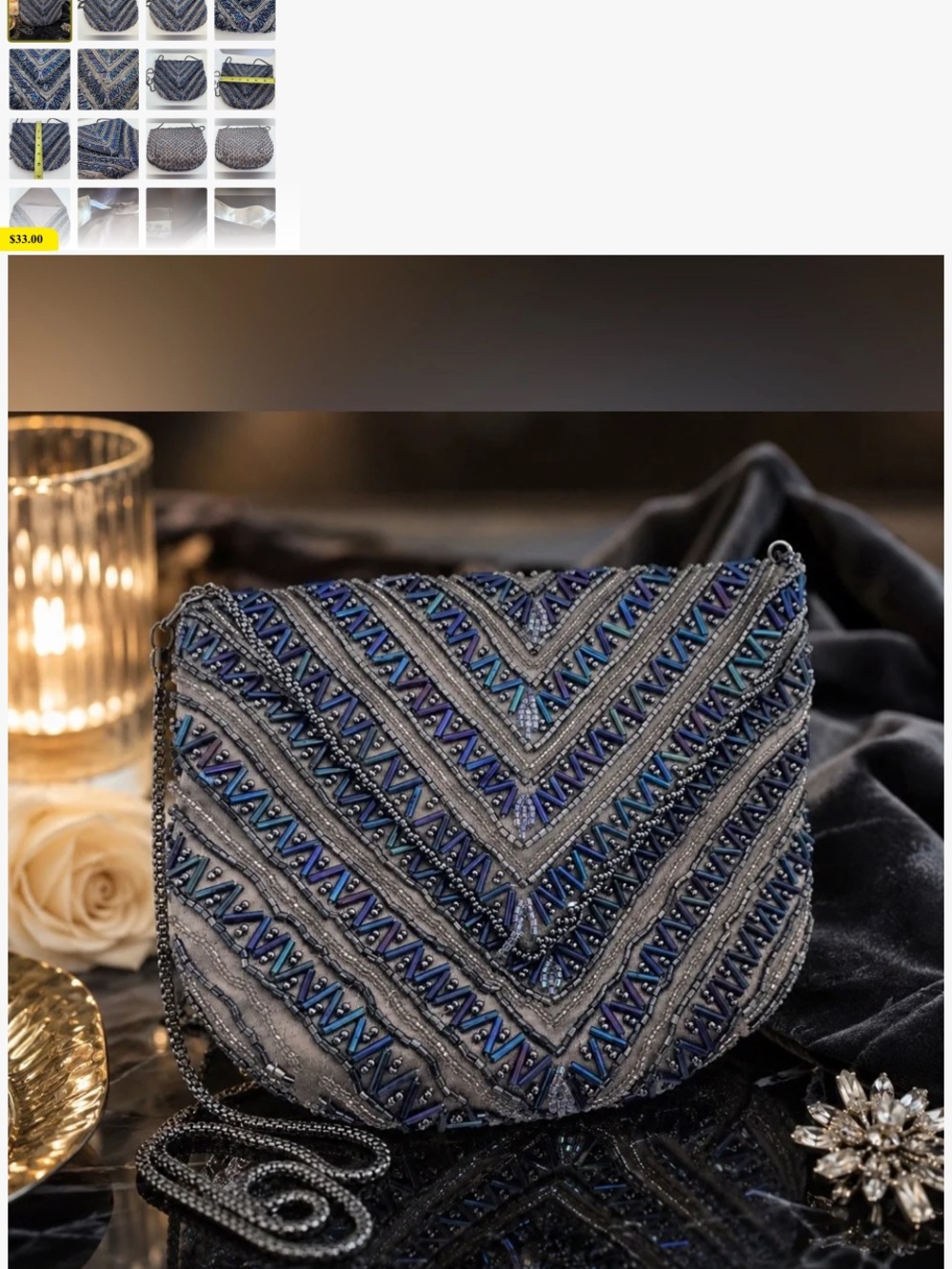 Vintage Embellished Sequins Multi Colored Navy Beaded Crossbody Bag